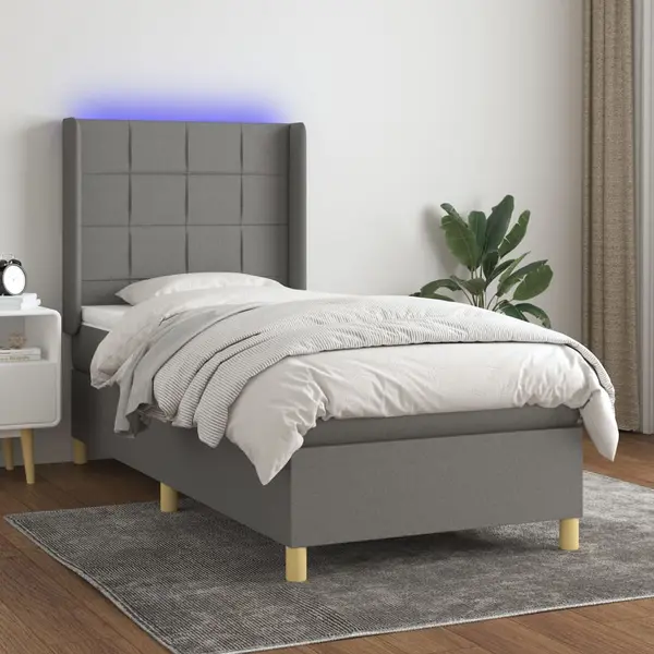 Gossi pat cu arcuri, saltea si led, gri inchis, 80x200 cm, textil