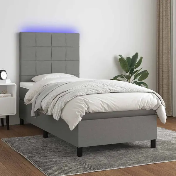 Gossi pat cu arcuri, saltea si led, gri inchis, 80x200 cm, textil