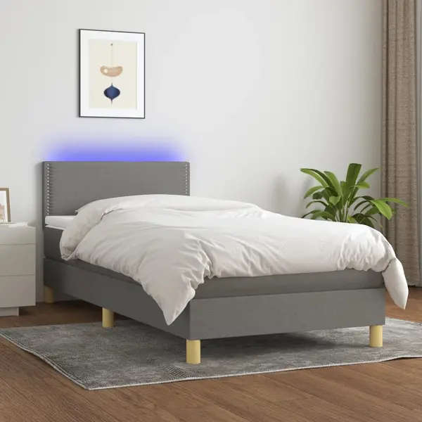 Gossi pat cu arcuri, saltea si led, gri inchis, 80x200 cm, textil