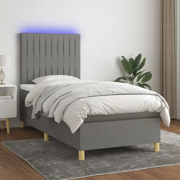 Gossi pat cu arcuri, saltea si led, gri inchis, 80x200 cm, textil