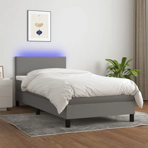 Gossi pat cu arcuri, saltea si led, gri inchis, 80x200 cm, textil