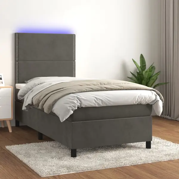 Gossi pat cu arcuri, saltea si led, gri inchis, 90x190 cm, catifea