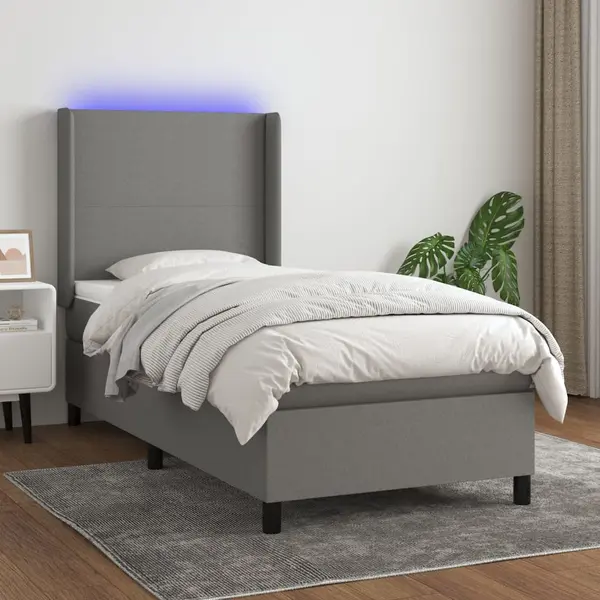 Gossi pat cu arcuri, saltea si led, gri inchis, 90x190 cm, textil
