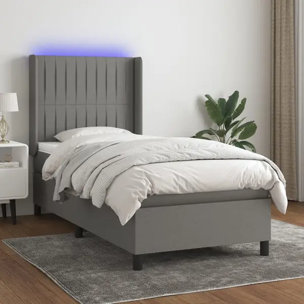 Gossi pat cu arcuri, saltea si led, gri inchis, 90x190 cm, textil