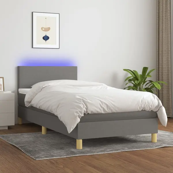 Gossi pat cu arcuri, saltea si led, gri inchis, 90x190 cm, textil