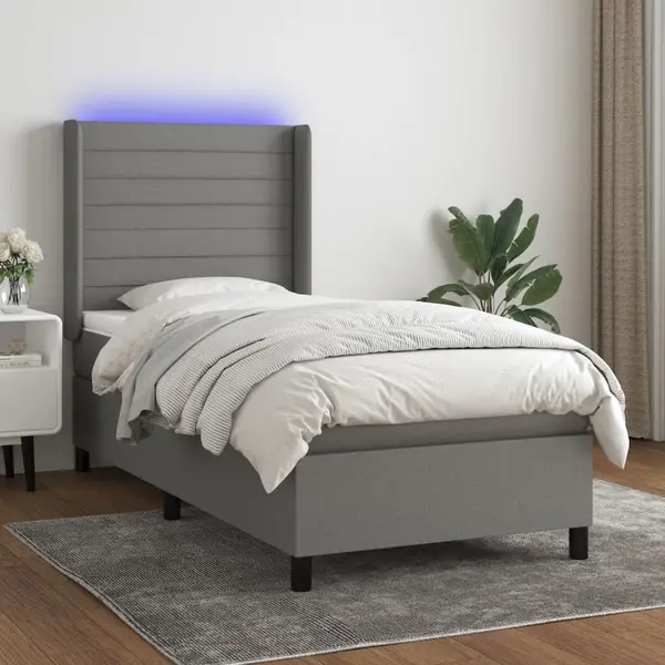Gossi pat cu arcuri, saltea si led, gri inchis, 90x190 cm, textil