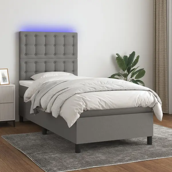 Gossi pat cu arcuri, saltea si led, gri inchis, 90x190 cm, textil