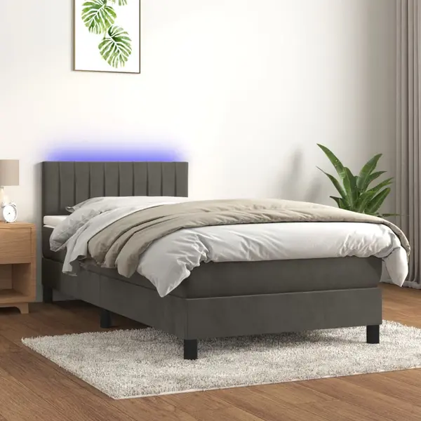 Gossi pat cu arcuri, saltea si led, gri inchis, 90x200 cm, catifea