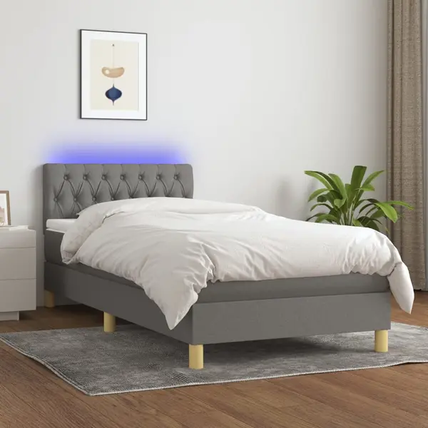 Gossi pat cu arcuri, saltea si led, gri inchis, 90x200 cm, textil
