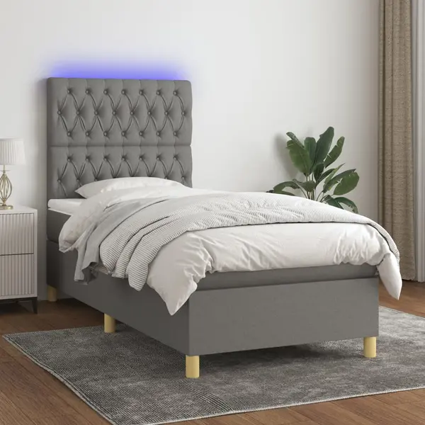 Gossi pat cu arcuri, saltea si led, gri inchis, 90x200 cm, textil