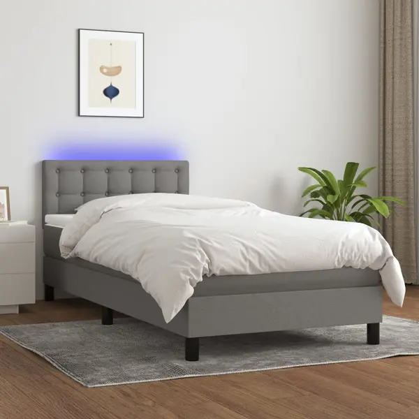 Gossi pat cu arcuri, saltea si led, gri inchis, 90x200 cm, textil