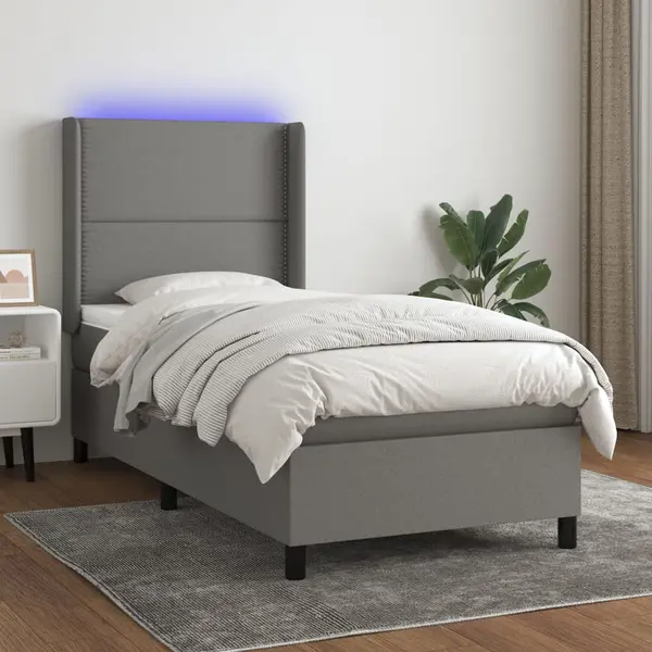 Gossi pat cu arcuri, saltea si led, gri inchis, 90x200 cm, textil