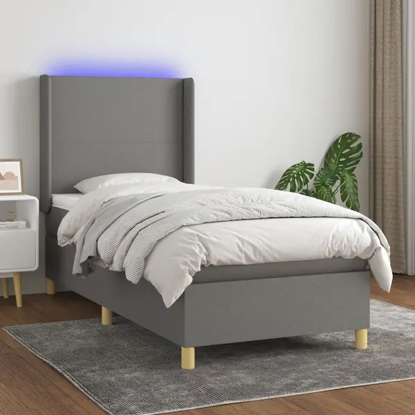 Gossi pat cu arcuri, saltea si led, gri inchis, 90x200 cm, textil