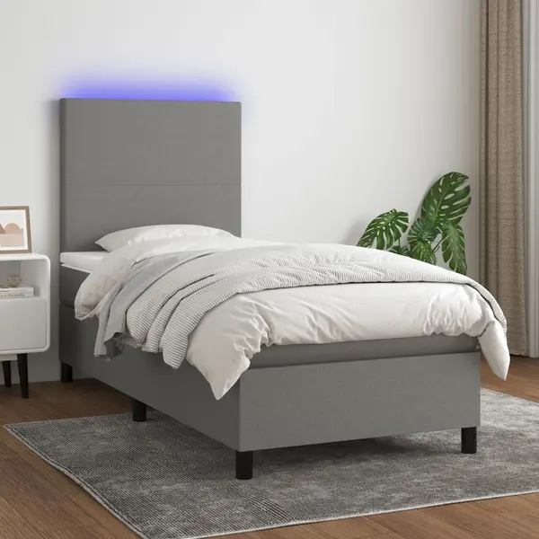 Gossi pat cu arcuri, saltea si led, gri inchis, 90x200 cm, textil