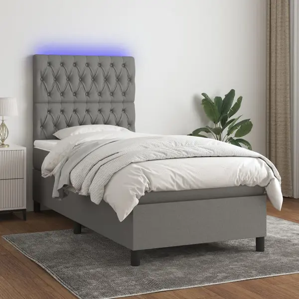 Gossi pat cu arcuri, saltea si led, gri inchis, 90x200 cm, textil