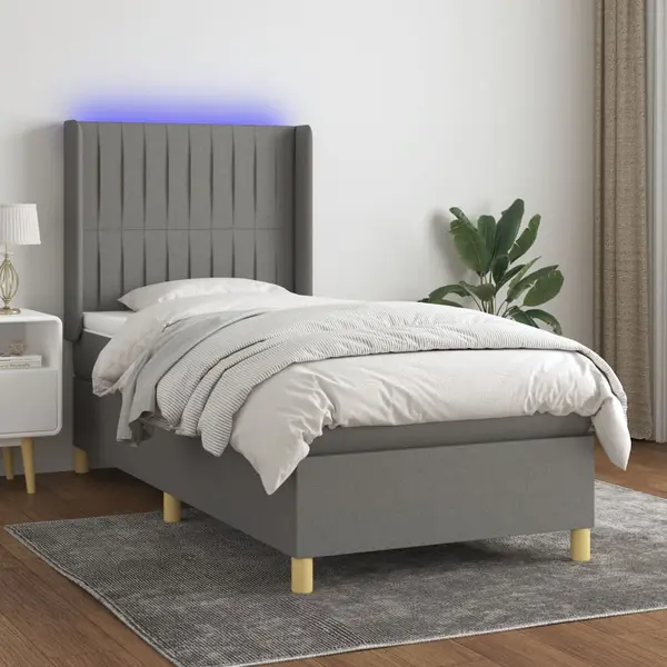 Gossi pat cu arcuri, saltea si led, gri inchis, 90x200 cm, textil