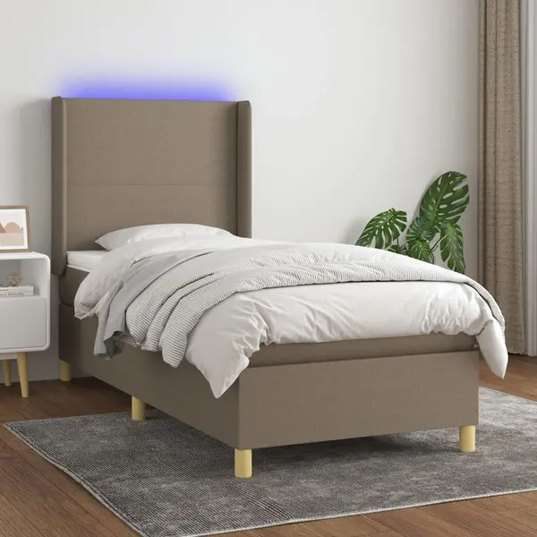 Gossi pat cu arcuri, saltea si led, gri taupe, 100x200 cm, textil