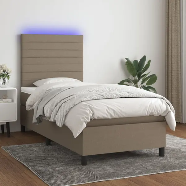 Gossi pat cu arcuri, saltea si led, gri taupe, 100x200 cm, textil