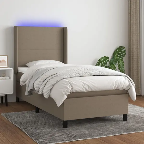 Gossi pat cu arcuri, saltea si led, gri taupe, 100x200 cm, textil