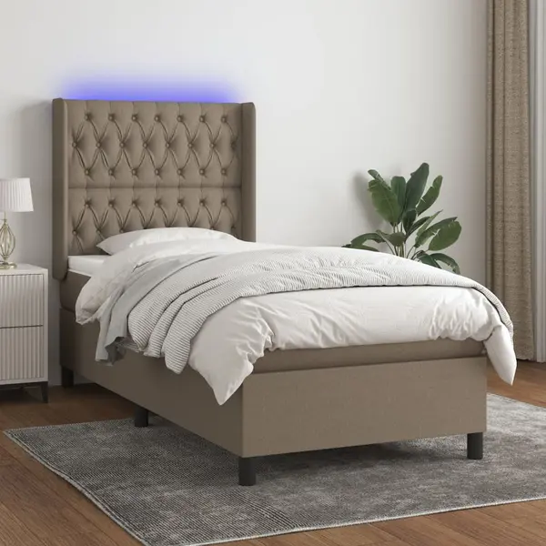 Gossi pat cu arcuri, saltea si led, gri taupe, 100x200 cm, textil