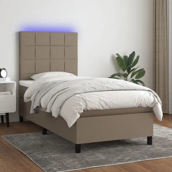 Gossi pat cu arcuri, saltea si led, gri taupe, 100x200 cm, textil