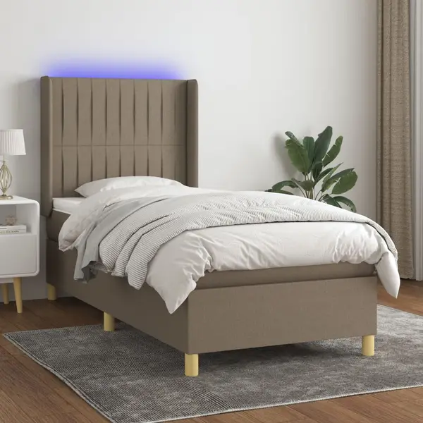Gossi pat cu arcuri, saltea si led, gri taupe, 100x200 cm, textil