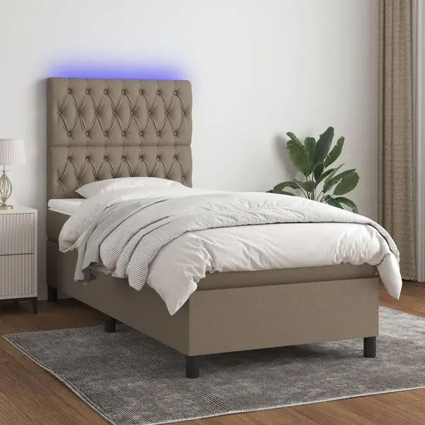 Gossi pat cu arcuri, saltea si led, gri taupe, 100x200 cm, textil