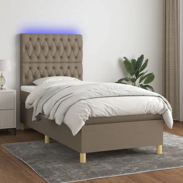 Gossi pat cu arcuri, saltea si led, gri taupe, 100x200 cm, textil