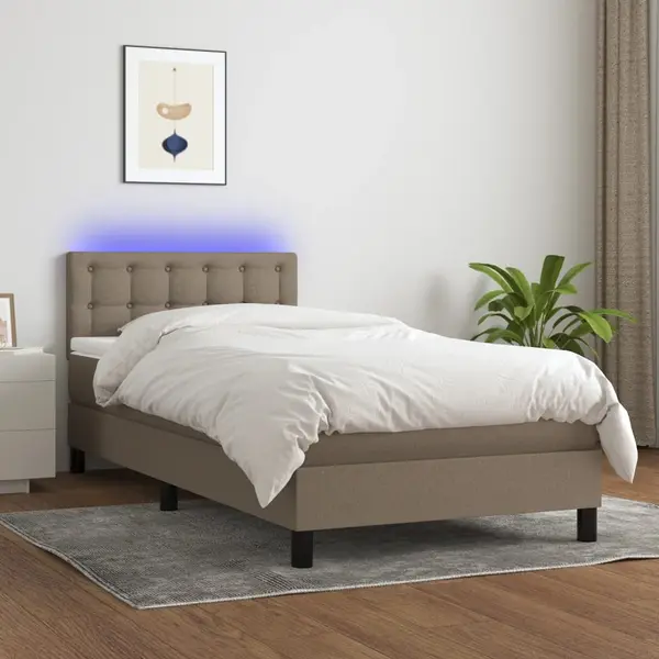 Gossi pat cu arcuri, saltea si led, gri taupe, 100x200 cm, textil