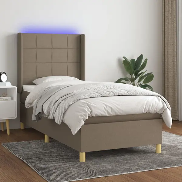 Gossi pat cu arcuri, saltea si led, gri taupe, 100x200 cm, textil