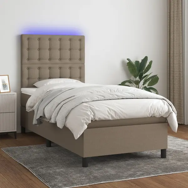 Gossi pat cu arcuri, saltea si led, gri taupe, 100x200 cm, textil