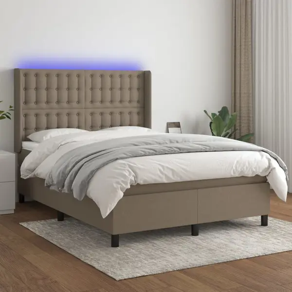 Gossi pat cu arcuri, saltea si led, gri taupe, 140x190 cm, textil