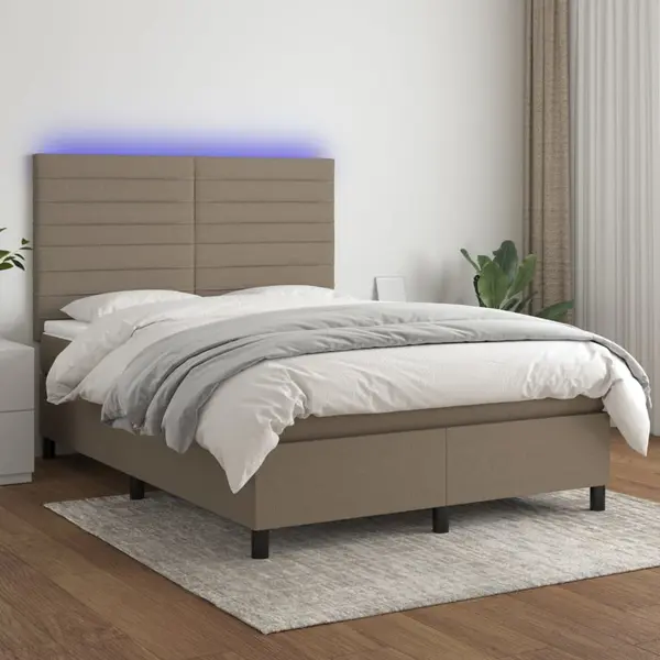 Gossi pat cu arcuri, saltea si led, gri taupe, 140x190 cm, textil