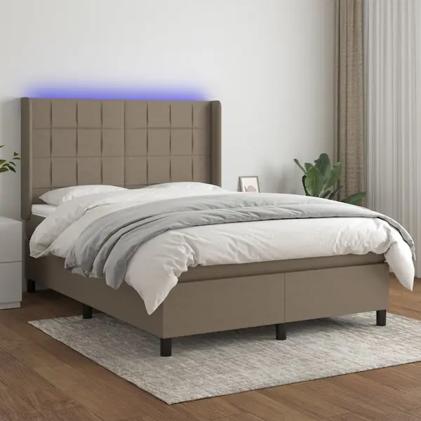Gossi pat cu arcuri, saltea si led, gri taupe, 140x190 cm, textil
