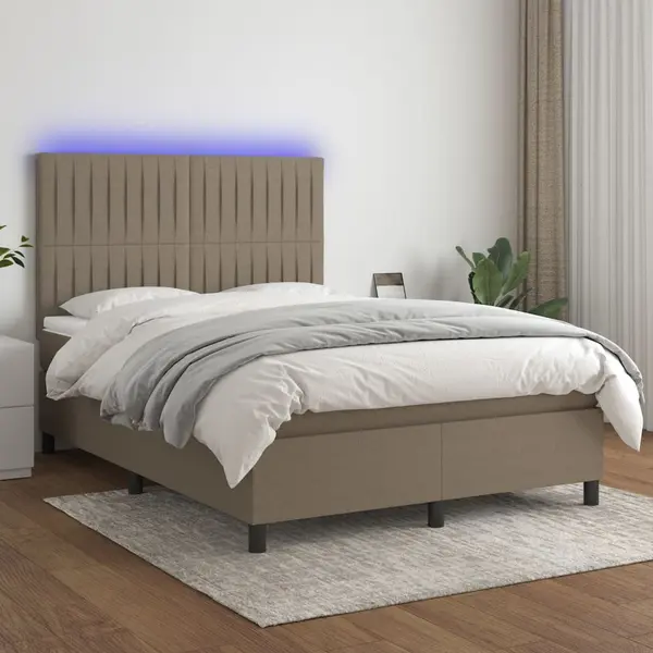Gossi pat cu arcuri, saltea si led, gri taupe, 140x200 cm, textil