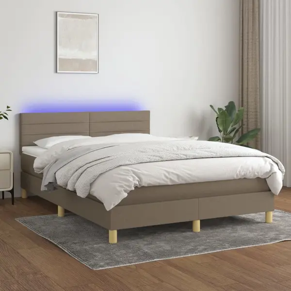 Gossi pat cu arcuri, saltea si led, gri taupe, 140x200 cm, textil