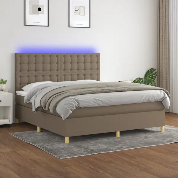 Gossi pat cu arcuri, saltea si led, gri taupe, 180x200 cm, textil