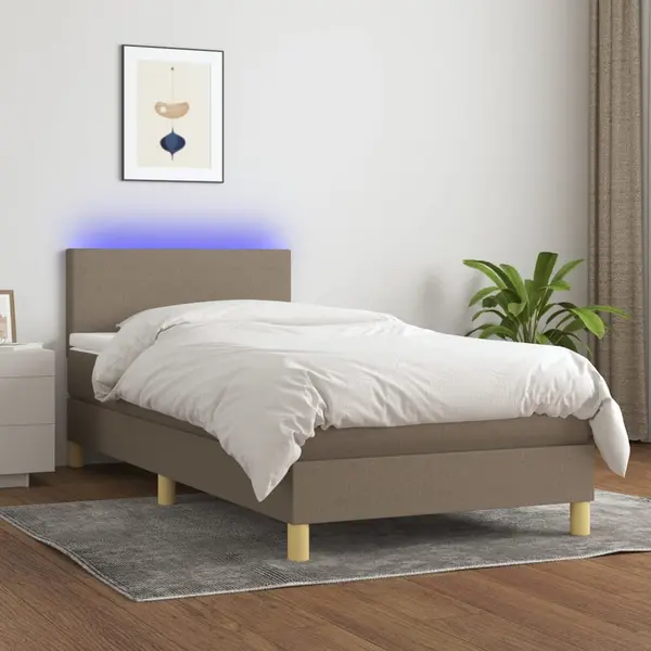 Gossi pat cu arcuri, saltea si led, gri taupe, 80x200 cm, textil