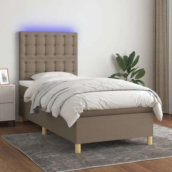 Gossi pat cu arcuri, saltea si led, gri taupe, 80x200 cm, textil