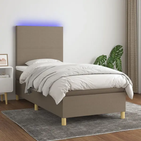 Gossi pat cu arcuri, saltea si led, gri taupe, 80x200 cm, textil