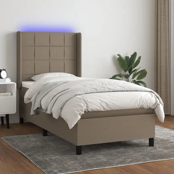 Gossi pat cu arcuri, saltea si led, gri taupe, 80x200 cm, textil