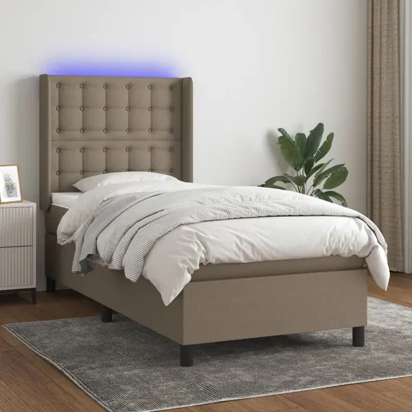 Gossi pat cu arcuri, saltea si led, gri taupe, 80x200 cm, textil