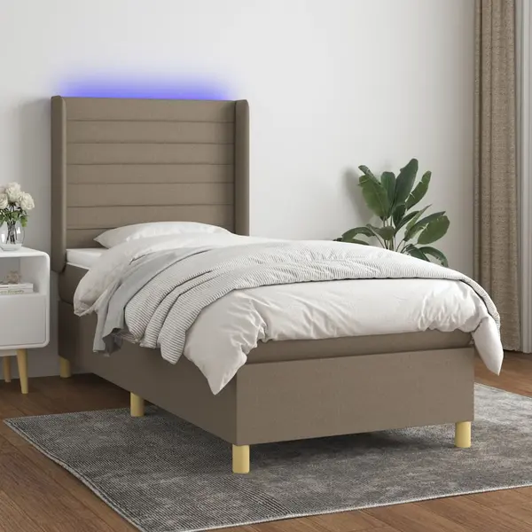 Gossi pat cu arcuri, saltea si led, gri taupe, 80x200 cm, textil