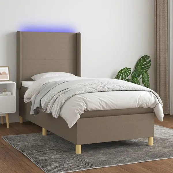 Gossi pat cu arcuri, saltea si led, gri taupe, 80x200 cm, textil