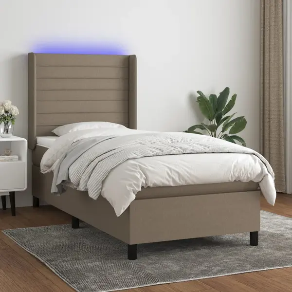 Gossi pat cu arcuri, saltea si led, gri taupe, 80x200 cm, textil