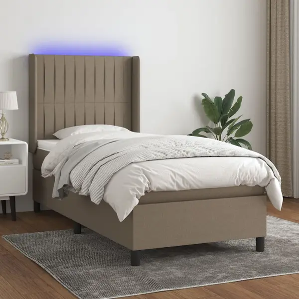 Gossi pat cu arcuri, saltea si led, gri taupe, 80x200 cm, textil