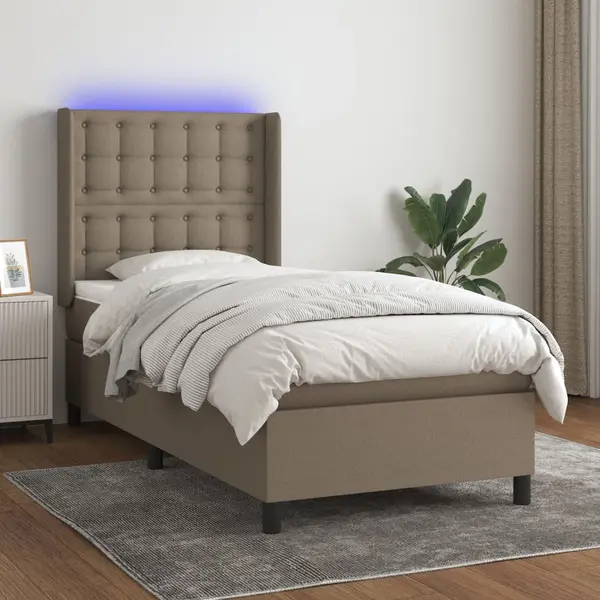 Gossi pat cu arcuri, saltea si led, gri taupe, 90x190 cm, textil
