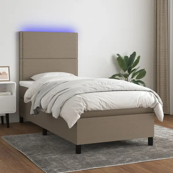 Gossi pat cu arcuri, saltea si led, gri taupe, 90x190 cm, textil