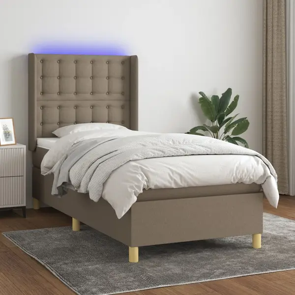 Gossi pat cu arcuri, saltea si led, gri taupe, 90x200 cm, textil