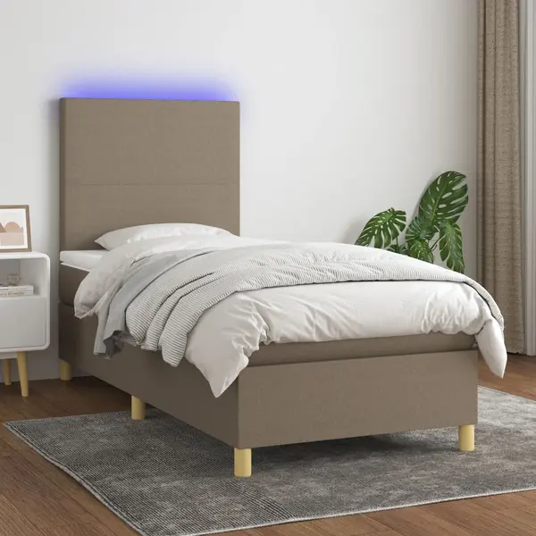 Gossi pat cu arcuri, saltea si led, gri taupe, 90x200 cm, textil